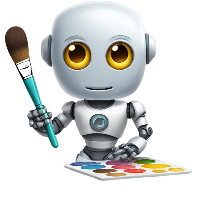cute robot holds a palette with paints and a brush emoji