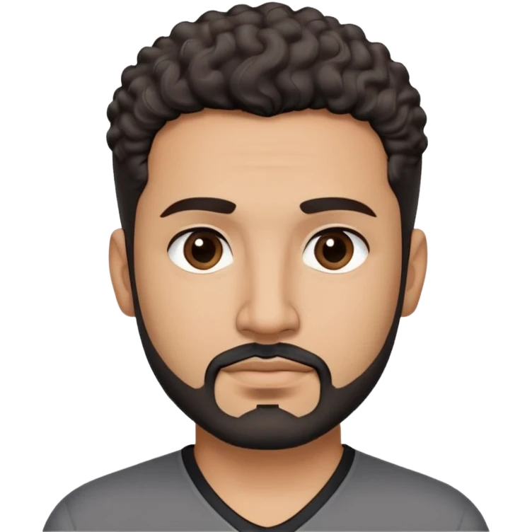 Latino man in his late 40s with light brown skin. Square face with defined jawline. Dark eyes with calm gaze. Short curly dark hair. Black goatee beard with some gray streaks. Wearing a black V-neck shirt. emoji
