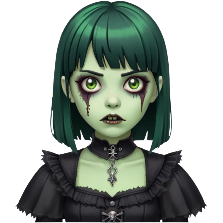 green zombie girl with black hair, bangs, and gothic outfit emoji