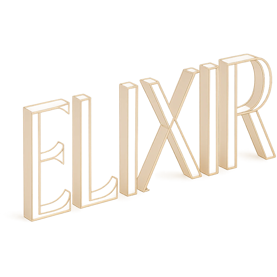 type "ELIXIR" but in front view, FINE LINES, beige  emoji