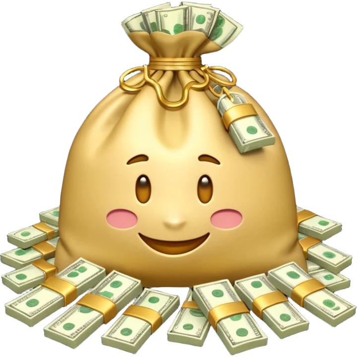 Luxury 3D emoji, overflowing money bag, stacks of cash, premium lighting, rich glossy look, ultra clean, transparent background


 emoji