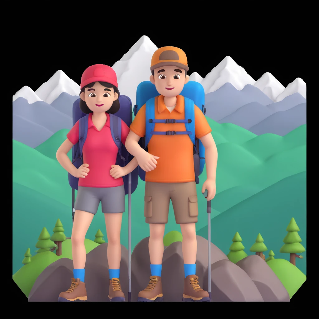 back packer couple posing, mountains in background,   close up pose emoji