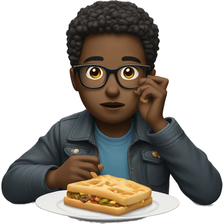 Boy with glasses eating iPhone 16 emoji