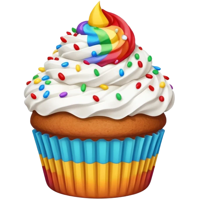 cupcake-like muffin with whipped cream and rainbow sprinkles emoji