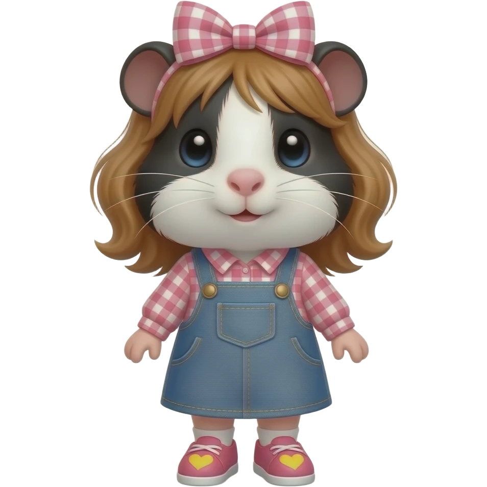 long fur black and white guinea pig in long sleeve pink gingham shirt with a jean dress, pink shoes with yellow hearts and a pink gingham bow in hair emoji