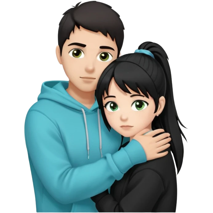“A dark-haired Latino guy with brown eyes, wearing a black hoodie and a short fringe falling forward, is hugging a very pale, black-haired girl. Only her face is visible — she has greenish-blue eyes and a ponytail, with two strands of hair framing her cheeks.” emoji