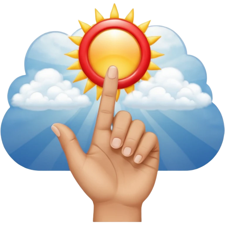 "Create an emoji representation of a hand holding other. One hand with index finger pointing up, surrounded by clouds and sun rays, with a red ring on the ring finger." emoji