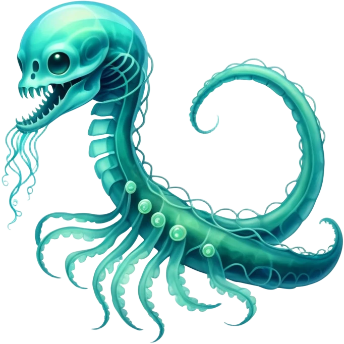 A phosphorescent deep-sea serpent with translucent scales that reveal its glowing skeleton, possessing both jellyfish-like tendrils and the ability to generate electrical pulses that illuminate the ocean depths. emoji