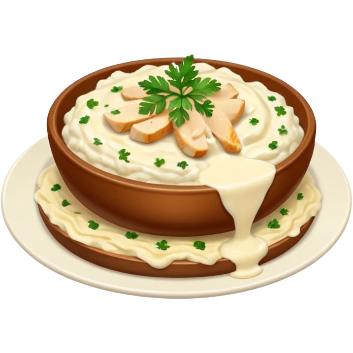 chicken slices with alfredo sauce and mashed potatoes on the side emoji