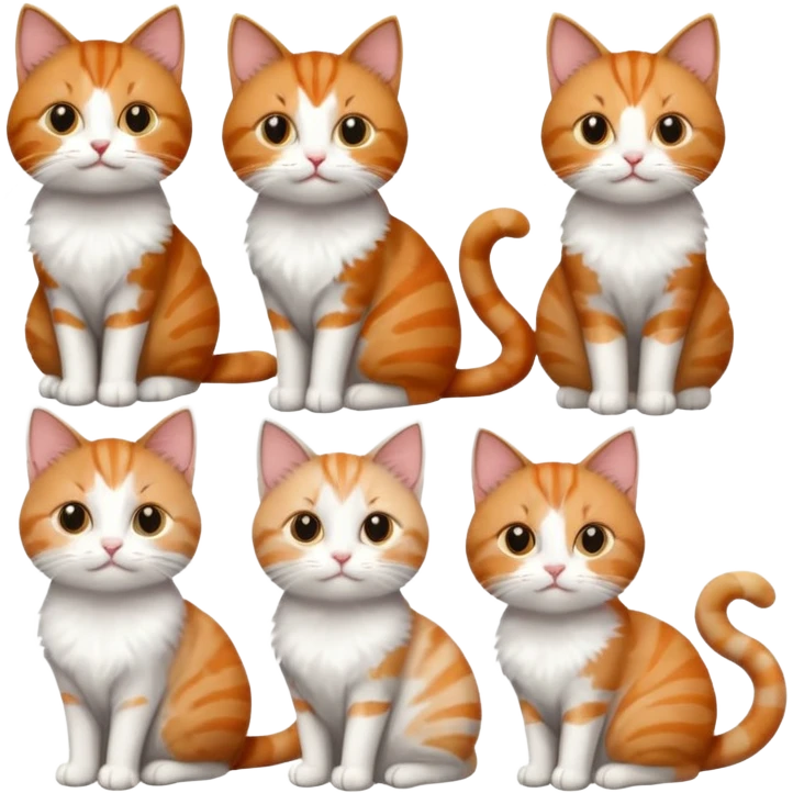 6 cats with different coloured coats, 2 are grey and white, 1 is grey with a little white, 1 calico, 1 brown tabby and white and one ginger and white emoji