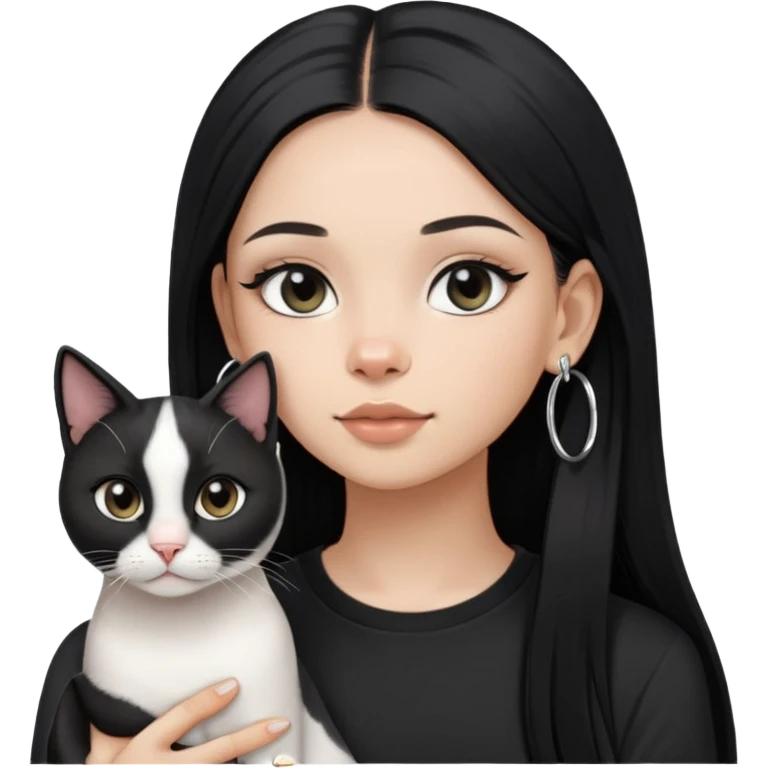 A girl with long straight black hair has upward-slanting eyeliner. She is wearing large silver hoop earrings, a black t-shirt, She is holding a  piebald cat with a black face  emoji