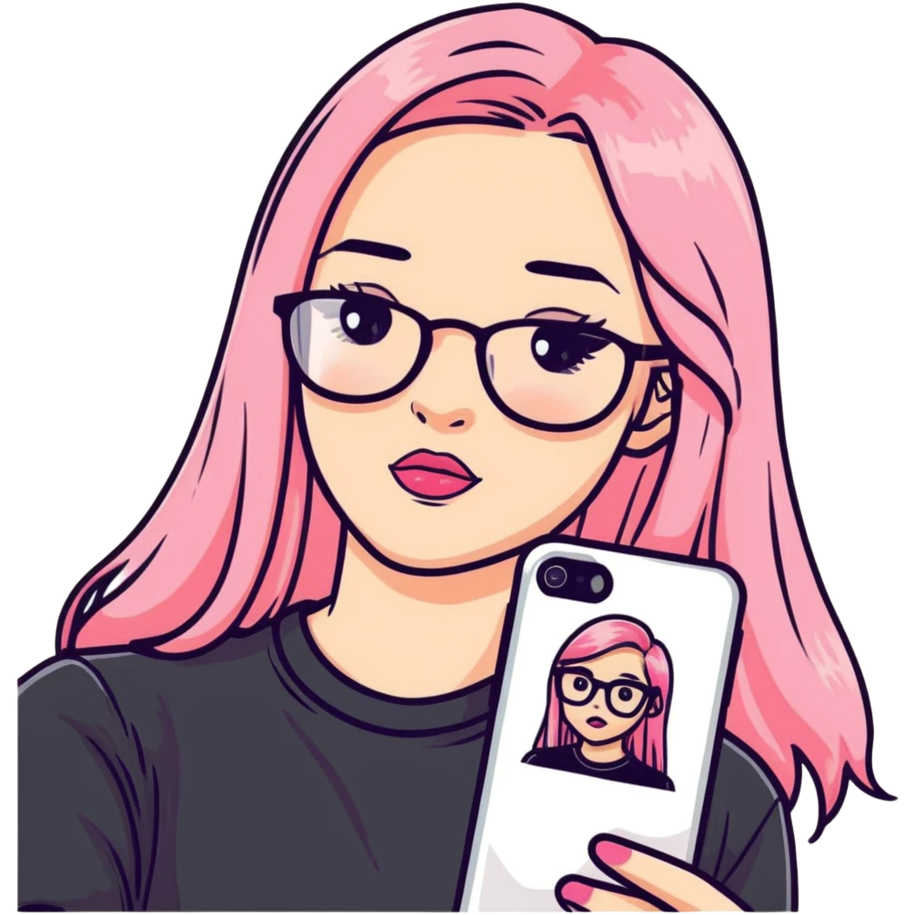 A teenage girl taking a selfie in a school bathroom. She has long, straight blonde and pink-dyed hair, wears rectangular glasses and a black shirt. Her expression is neutral with glossy lips emoji
