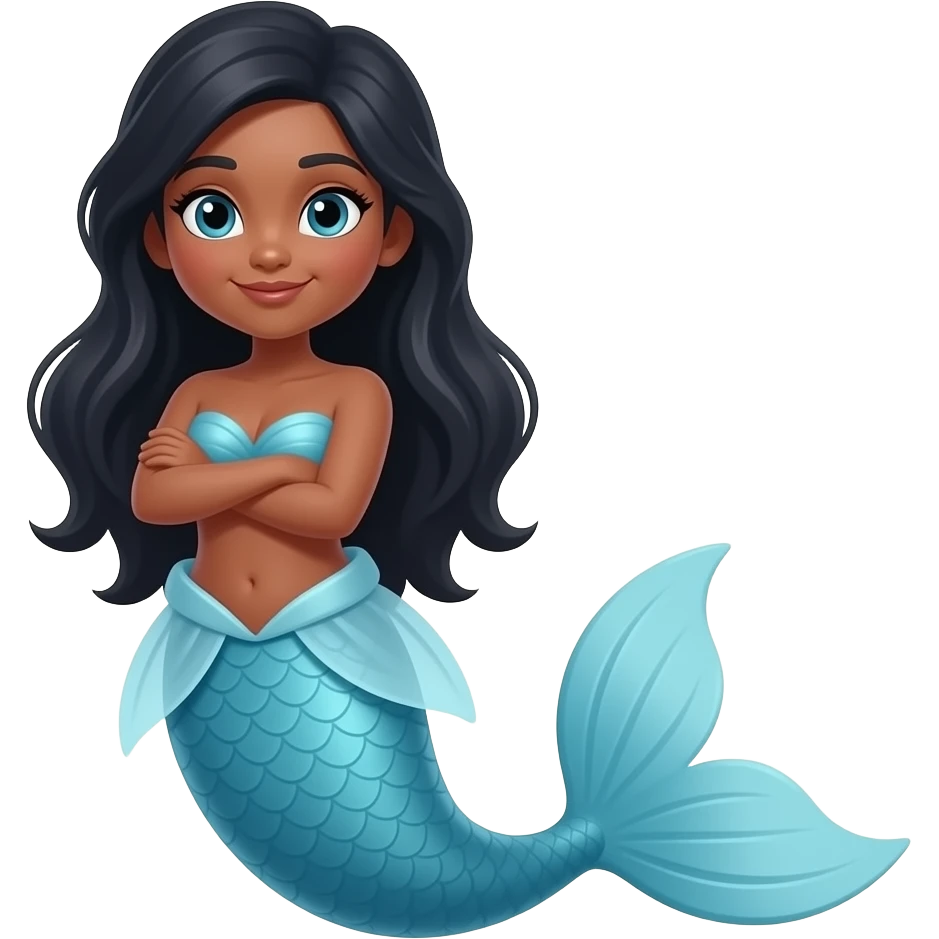 Seja sereia com cauda azul e cabelo preto, que seja parda e esteja com os braços cruzados emoji