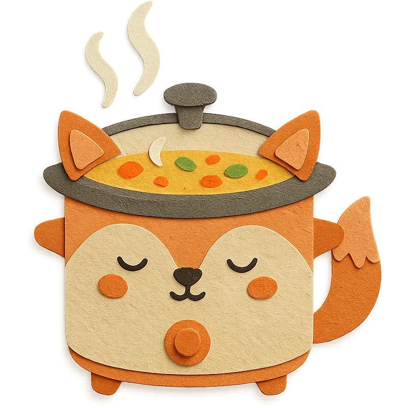 cute fox-shaped slow cooker, simmering soup, sleepy expression, soft beige, full-body emoji