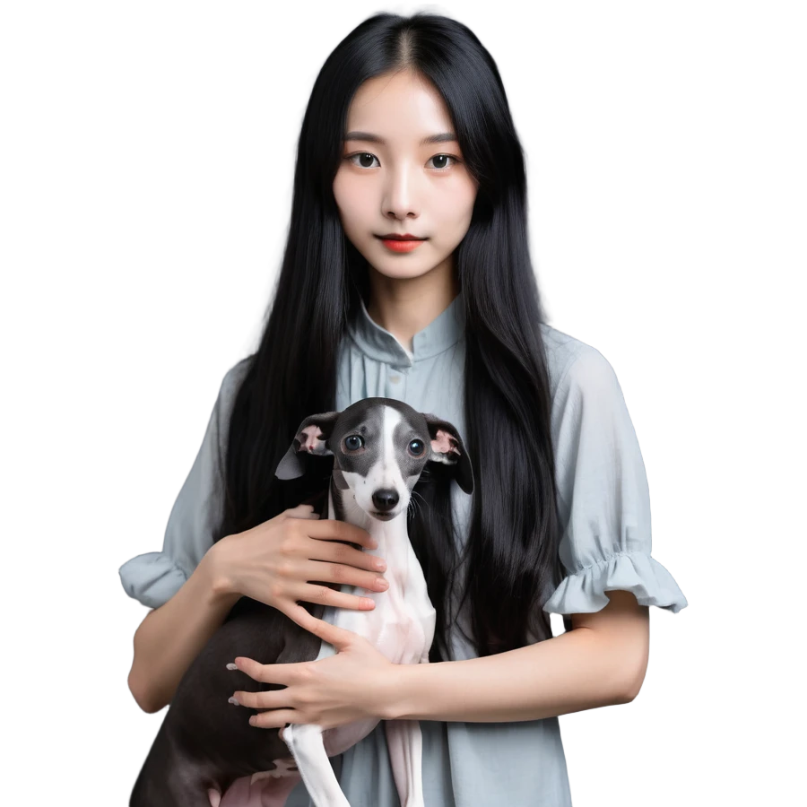 Slim Chinese girl with long black hair holding solid grey Italian greyhound with no white markings on nose emoji