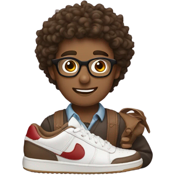 nerd with brow eyes and brown curly hair kissing his girlfriend shoes emoji