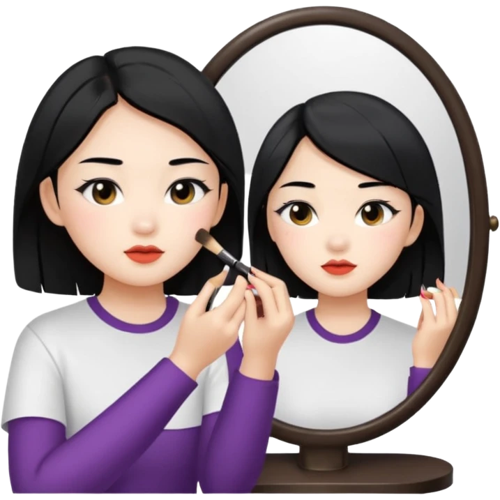 A chinese girl is prettying herself in front of mioor emoji