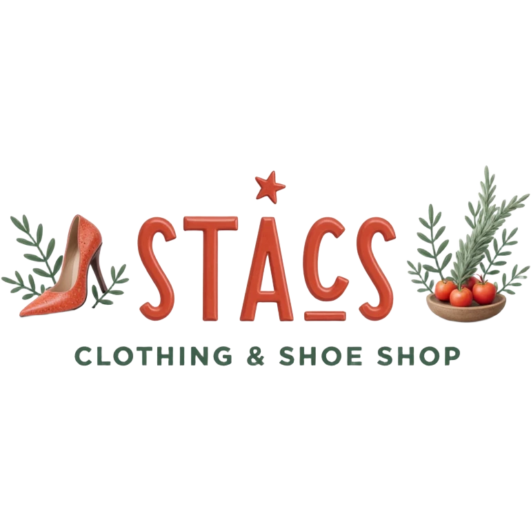 A hand-drawn logo for STACS, a boutique clothing and shoe shop. The design should have an artistic and unique feel, with the text 'STACS' in a custom, hand-drawn font. Include whimsical illustrations of clothes and shoes. emoji