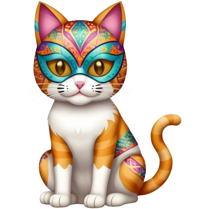 cat full body sitting with colorful patterned mask emoji