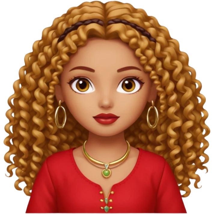 generate a pretty bratz girl with a red kurti, long curly hair, hoops emoji
