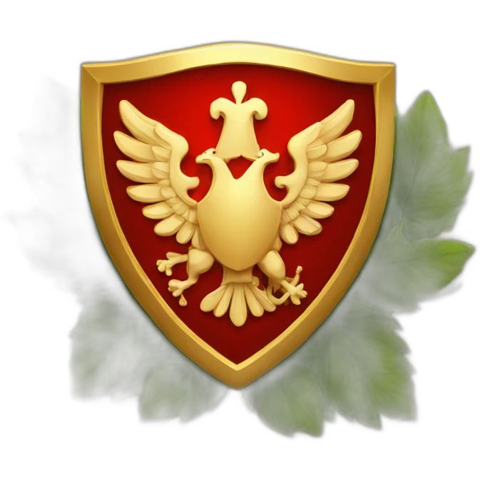 a red shield with a golden border and shrubbery behind it in a circular shape emoji