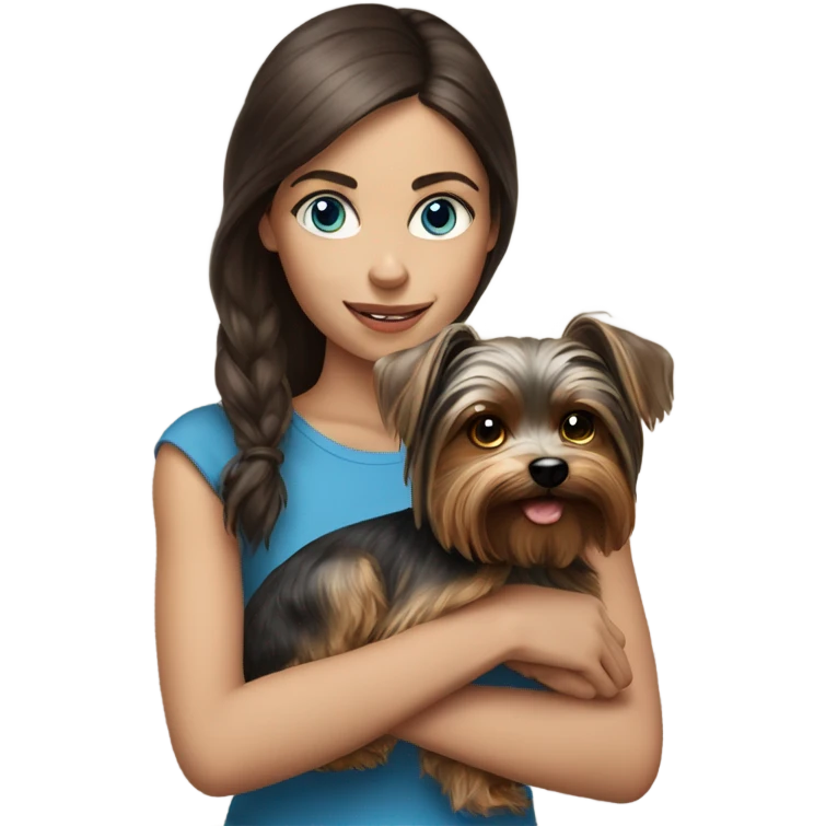 Realistic brunette girl with bright blue eyes holding Yorkshire terrier  emoji