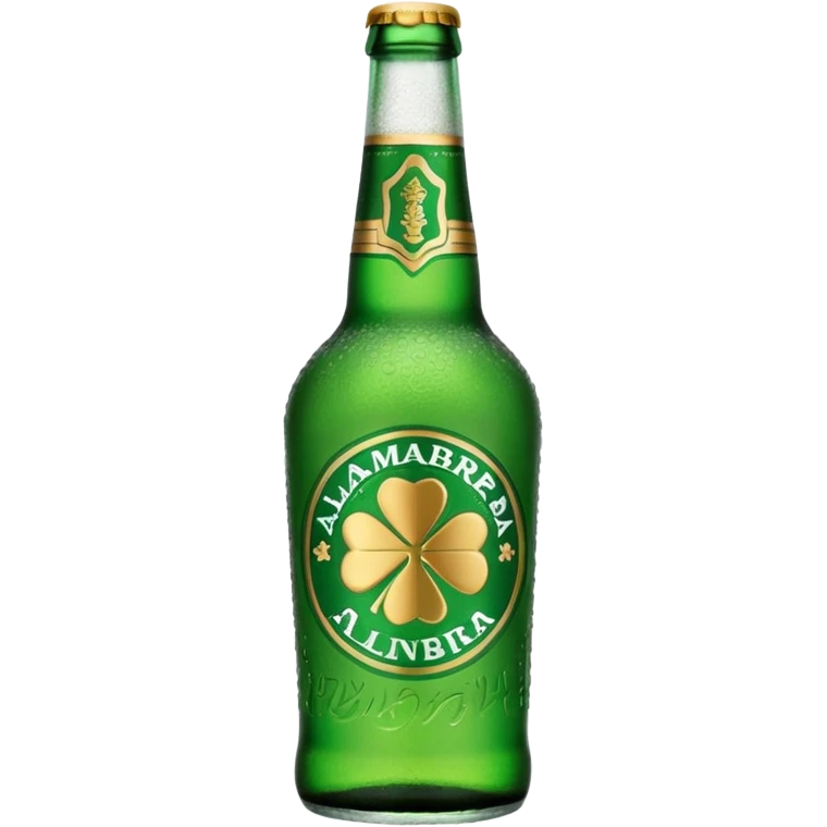 Create a green beer bottle based on the brand Alhambra. No sticker, the name is shown in the bottle in relief. Really cold emoji
