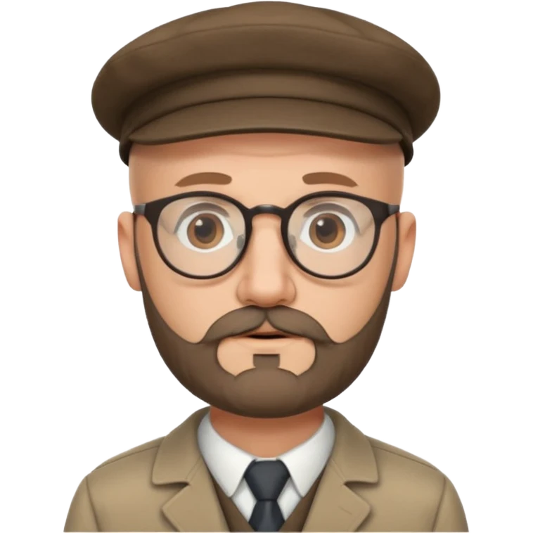 40's white male, bald with short full beard (salt and pepper color brown) with professor glasses and flat cap emoji