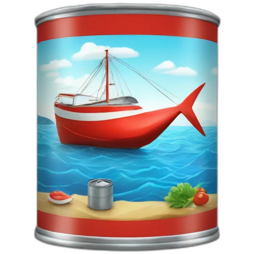 realistic can of tuna fish sowing the shape of a sailling boat on a sea background emoji