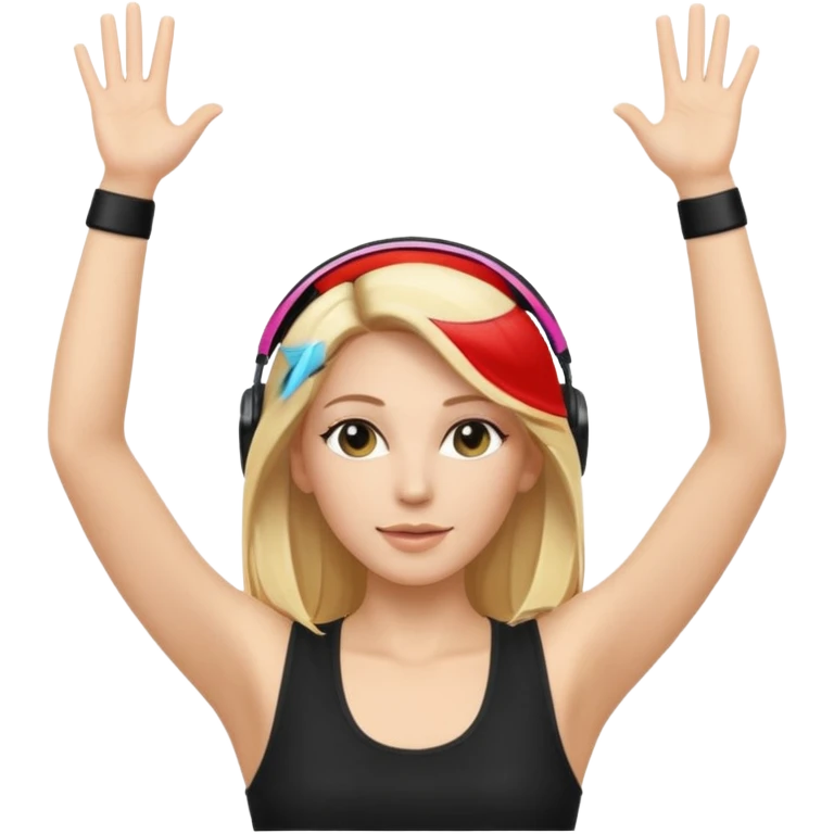 I want a white female dj animated gif emoji with long straight centre parting blonde hair putting hands up in the air. Wearing a black tight top with no sleeve emoji
