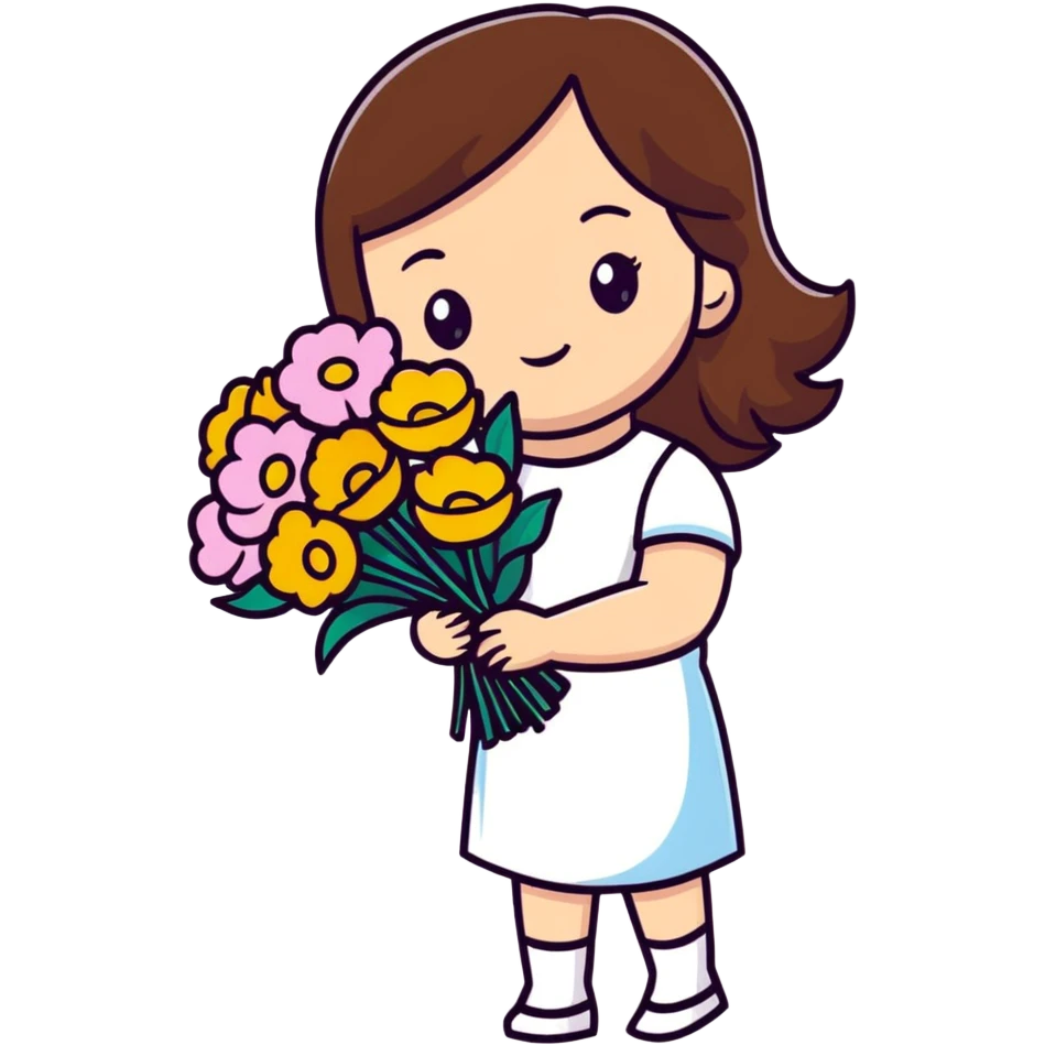 cool girl with long brown hair and fair skin tilting her head to the side while holding a bouquet of flowers emoji