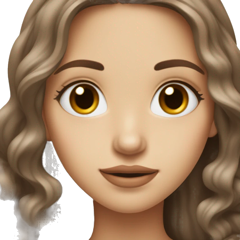 Beautiful girl with white skin, brown eyes, brown, long, wavy hair , red mouth ￼ emoji