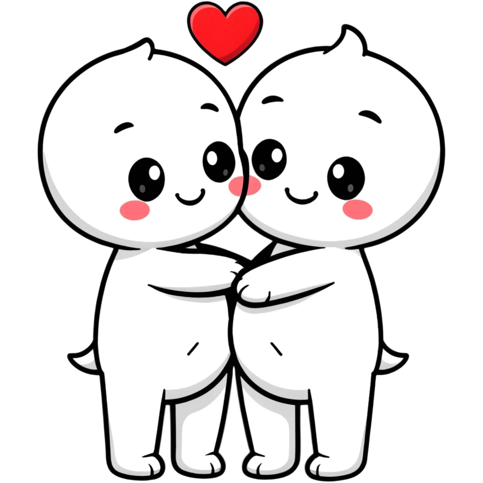 Two cute cartoon characters hugging with hearts around them emoji