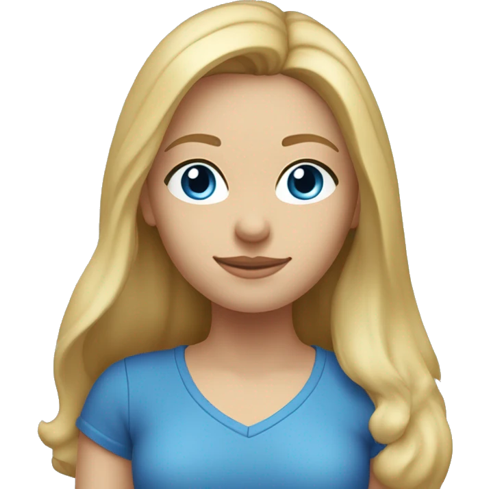 A head and shoulders shot of a 32 year old Caucasian woman, with long blonde hair,   with blue eyes wearing a t-shirt. emoji