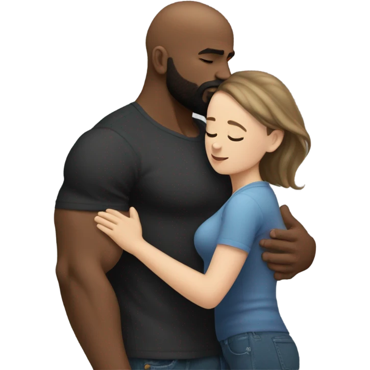 Curvy White brunette kissing muscular black bald man with beard emoji