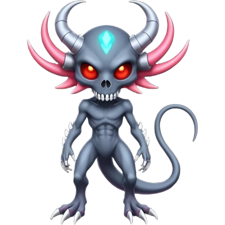 Shiny Horned Futuristic Badass Demonic Spectral Dusky Spooky Skull-faced Cool Hot Stylish Handsome Alien-Salandit-Darkrai-Genesect-Fakémon-fusion (full body) emoji