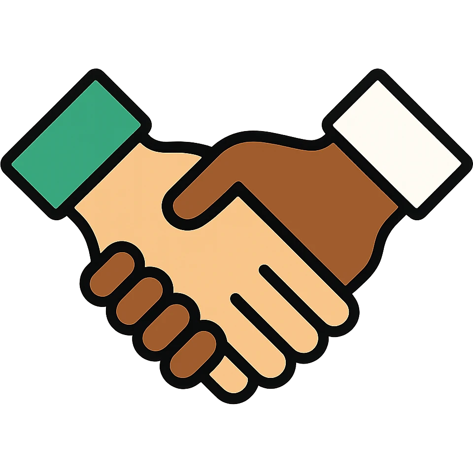 Edit the image to depict one Caucasian hand and one African American hand shaking with thinner black outlining. Use a professional style with a green, white, and gold color scheme. The image should be bold and clear, suitable for digital use, with no background. emoji