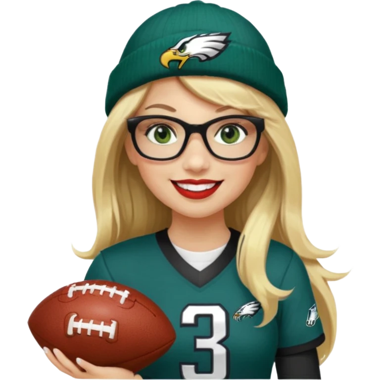 full length women wearing eagles uniform, long blonde hair, styled bangs, green eyes, black glasses, holding football, number 33, smiling, lipstick, eagles beanie emoji