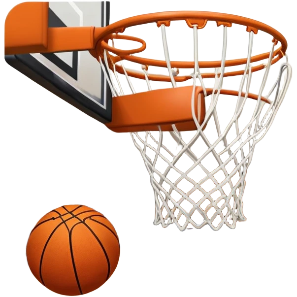 A close-up shot of a basketball entering the hoop, with the ball swishing through and inside  the net. The background features a blurred basketball court, emphasizing the perfect shot and the excitement of the game. emoji