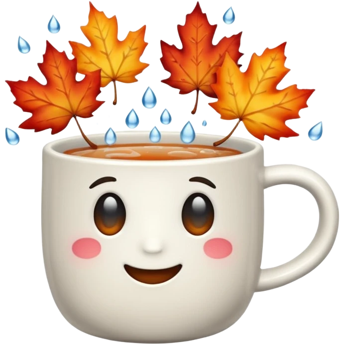 emoji of a steaming mug by a window with raindrops and autumn leaves in cool colors emoji