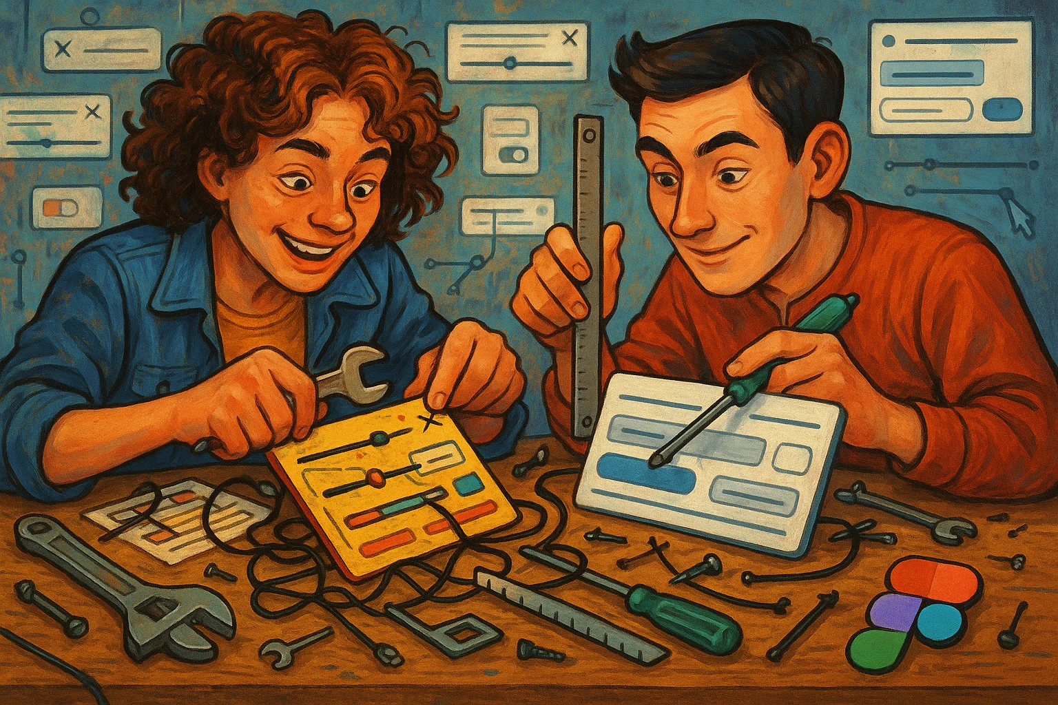 Two designers in a creative repair lab, one with curly hair and one with short dark hair, working together to fix messy old UI components. They are focused and playful, surrounded by tools like a wrench, ruler, and Figma interface elements. The scene is part chaotic, part clever, showing them transforming legacy UI into something clean and beautiful. emoji