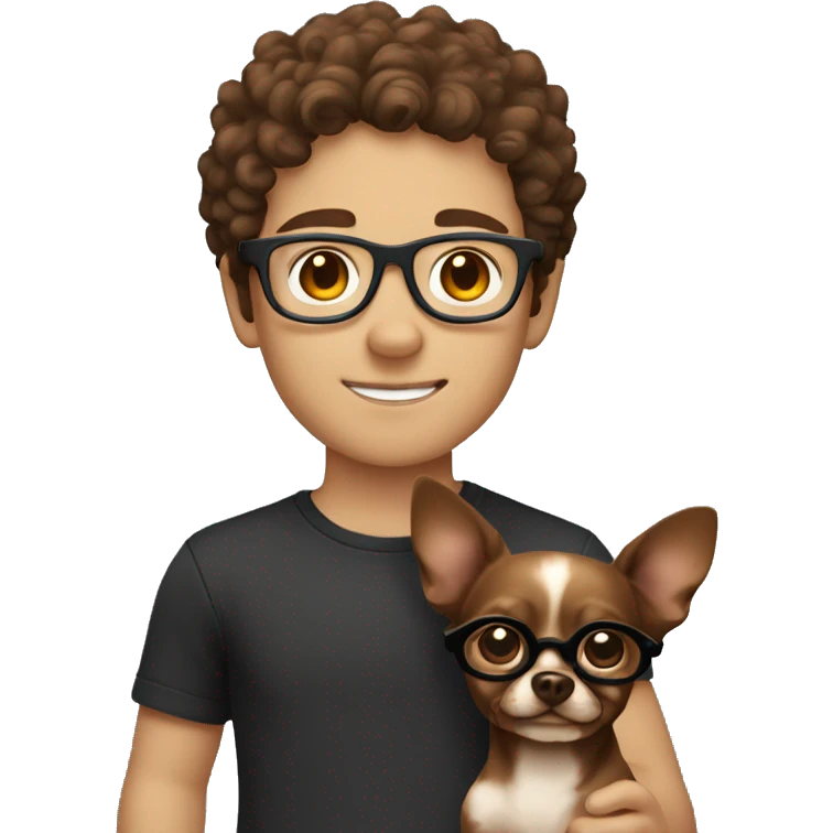A caucasian boy with brown curls and glasses with his dark brown chihuahua emoji