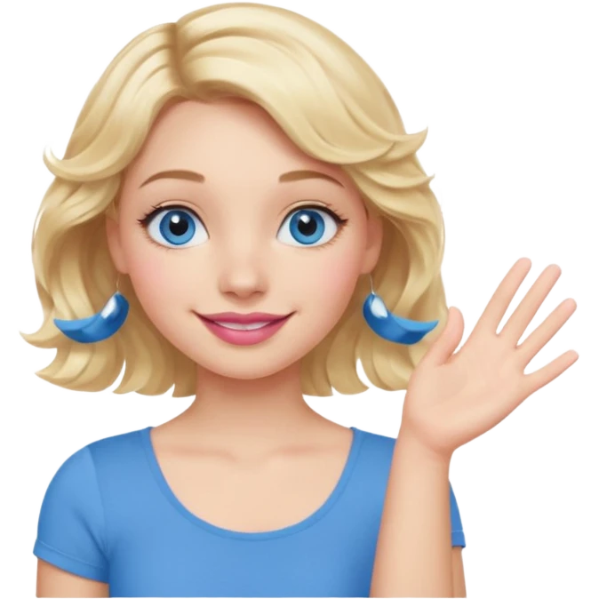 Girl Blonde short wavy hair,  blue eyes, cute blue top, long lashes, pink lips, smiling, one hand palm up side ways  emoji