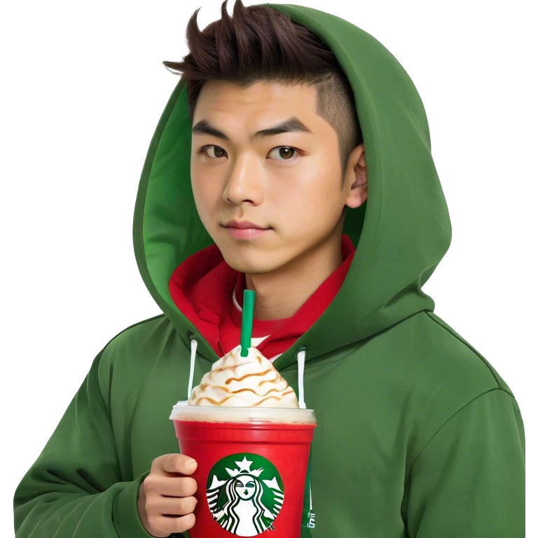 Japanese boy holding Frappuccino in Starbucks cup with a big red laccrose hooding on emoji