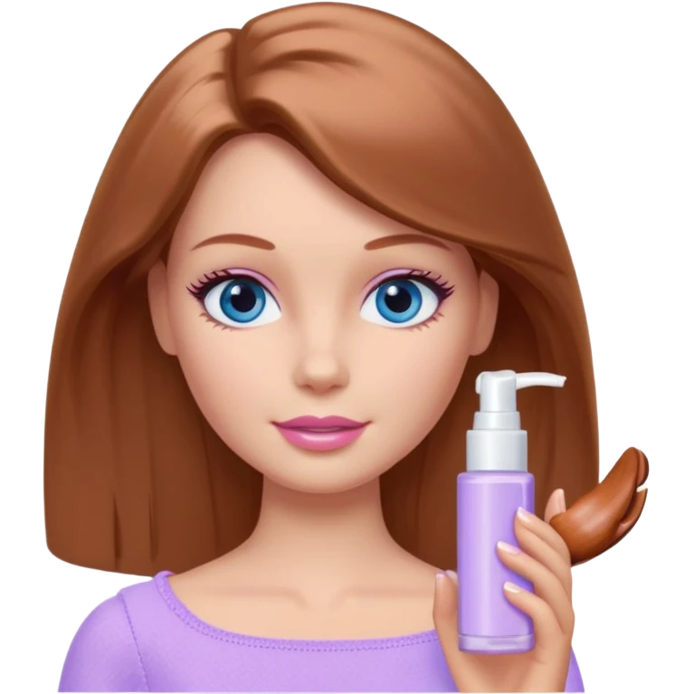 Barbie girl Chestnut Shoulder-length hair and blue eyes is In pale purple applying cream on face emoji