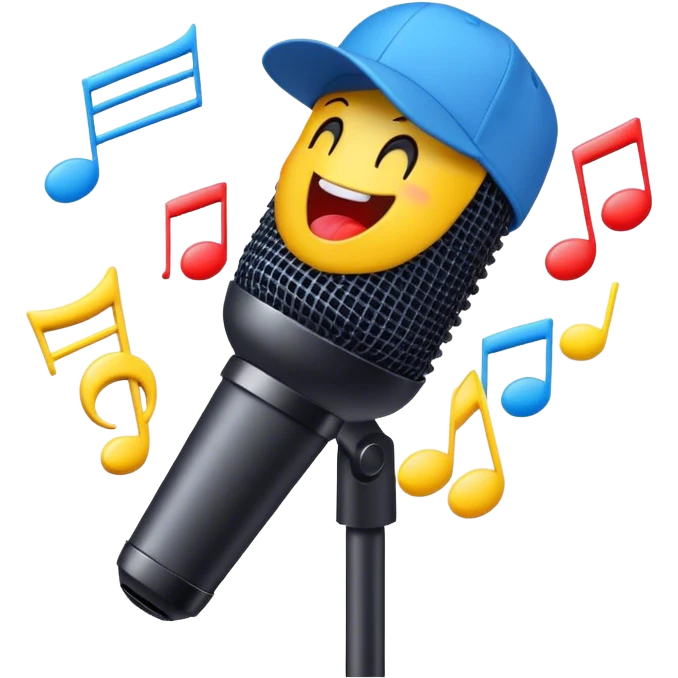 Create a dynamic and energetic emoji that represents beatboxing. The design should feature a microphone with a singing mouth and soundwaves or rhythmic beats emanating from it, symbolizing the vocal percussion and rhythm of beatboxing. Add a cap placed on top of the microphone to reflect street culture and the individuality of the performer. Include musical notes floating around to emphasize the musicality. Use bold, vibrant colors like neon blue, red, and yellow to convey energy and excitement. The background should be transparent. emoji