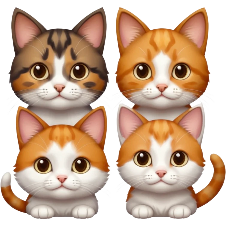 3 different coloured small cats including a dark brown tabby and white, and a patchy calico, and a ginger and white emoji