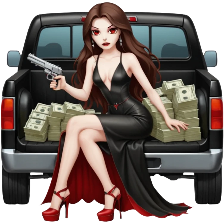 Lilith symbol red eye seductress evil long brown haired sexy succubus woman with leather long dress with slit on, sitting in Big Large F350 pickup truck. Platform long high heels on feet. Back seat full of stacks of cash, she is  Holding a human skull of her enemies and a gun in other hand emoji