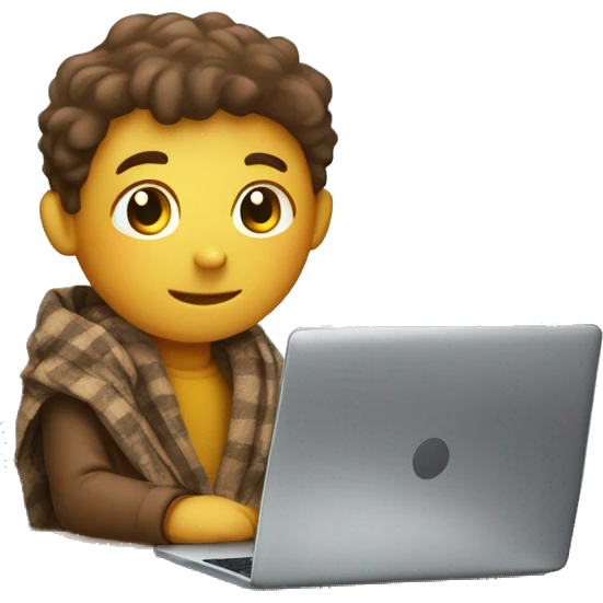 white boy sitting on the school desk with a big blanket wrapped around shoulders working on chromebook emoji