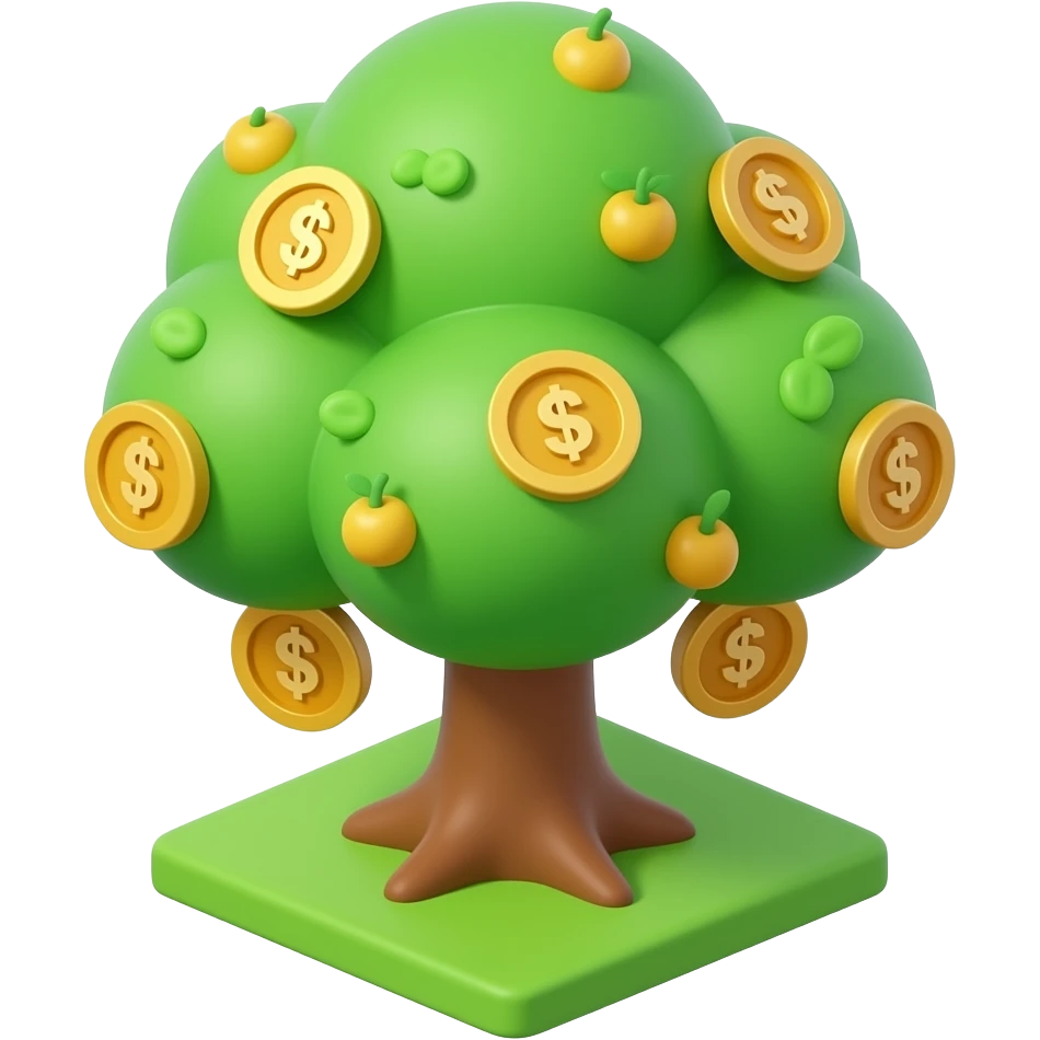 High-quality 3D isometric icon of a stylized financial tree, lush green tree with many golden coins hanging from branches like fruits, thick canopy, very healthy and rich, glossy finish, vibrant colors, white background, mobile game asset style, soft studio lighting, ios style. emoji